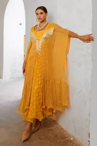 Gulbahar marigold bling kaftan dress set