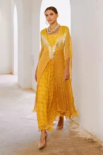 Gulbahar marigold bling kaftan dress set