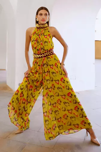 Bumblebee green popply bell jumpsuit with belt set