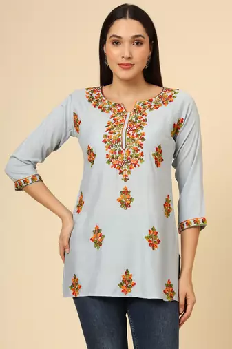 Light blue pure rayon multicolor lucknowi work short kurtis