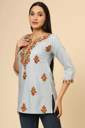 Light blue pure rayon multicolor lucknowi work short kurtis