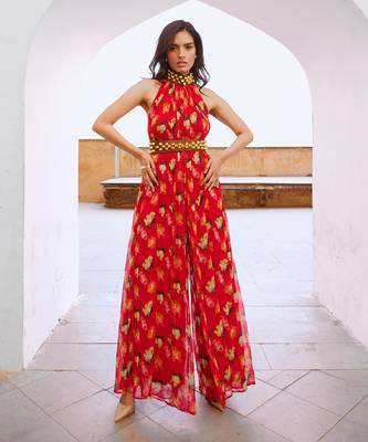 Gulbahar chilly red bell jumpsuit with belt 1