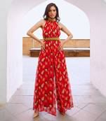 Gulbahar chilly red bell jumpsuit with belt