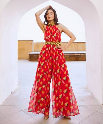 Gulbahar chilly red bell jumpsuit with belt 2