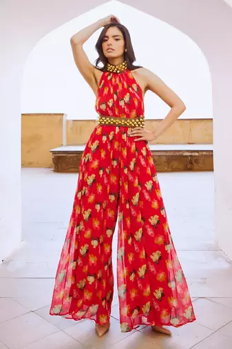 Gulbahar chilly red bell jumpsuit with belt