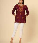 Maroon pure rayon multicolor lucknowi work short kurtis