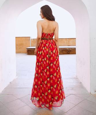 Gulbahar chilly red bell jumpsuit with belt 3