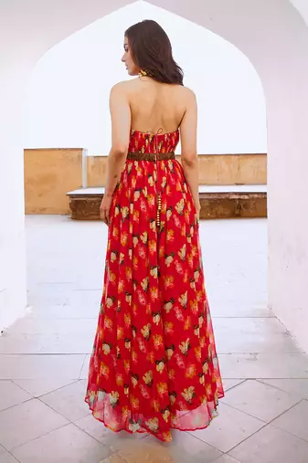 Gulbahar chilly red bell jumpsuit with belt