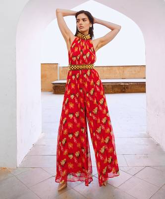 Gulbahar chilly red bell jumpsuit with belt 4