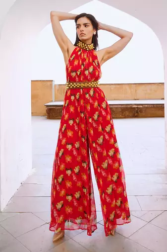 Gulbahar chilly red bell jumpsuit with belt
