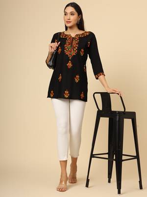Black pure rayon multicolor lucknowi work short kurtis 1