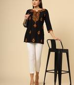Black pure rayon multicolor lucknowi work short kurtis