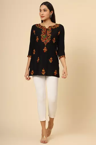 Black pure rayon multicolor lucknowi work short kurtis