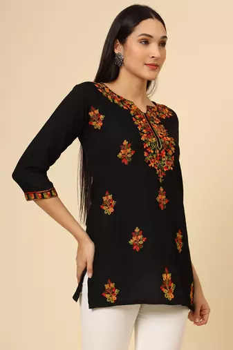 Black pure rayon multicolor lucknowi work short kurtis