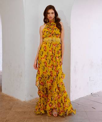 Gulbahar bumble bee green halter maxi with belt set. 1