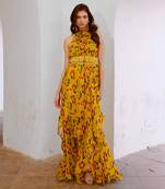 Gulbahar bumble bee green halter maxi with belt set.