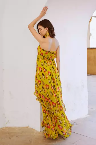 Gulbahar bumble bee green halter maxi with belt set.