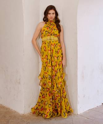 Gulbahar bumble bee green halter maxi with belt set. 3