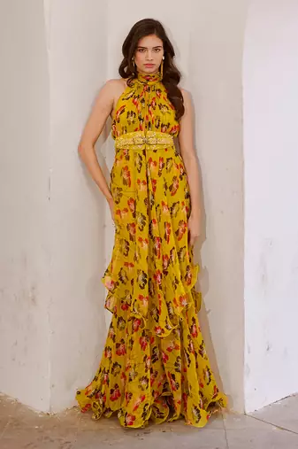 Gulbahar bumble bee green halter maxi with belt set.