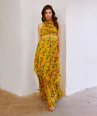 Gulbahar bumble bee green halter maxi with belt set. 4
