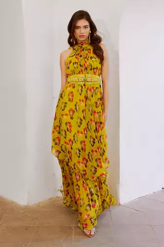 Gulbahar bumble bee green halter maxi with belt set.