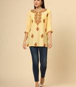 Light yellow pure rayon multicolor lucknowi work short kurtis