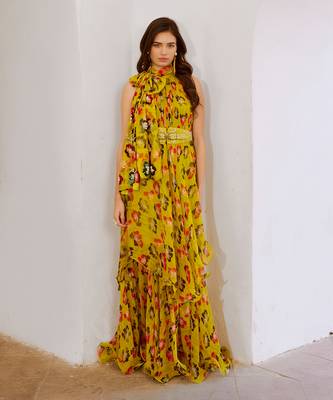 Gulbahar bumble bee green halter maxi with seperate bow & belt set. 1