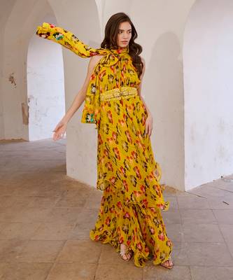 Gulbahar bumble bee green halter maxi with seperate bow & belt set. 2