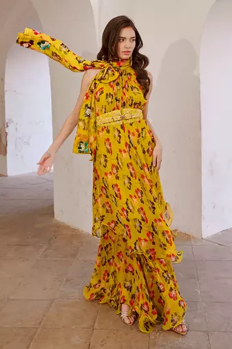 Gulbahar bumble bee green halter maxi with seperate bow & belt set.