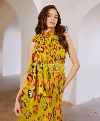 Gulbahar bumble bee green halter maxi with seperate bow & belt set. 4