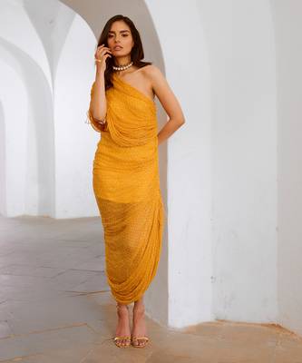 Gulbahar marigold one off shoulder jugnu sequin draw string dress 1
