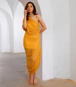 Gulbahar marigold one off shoulder jugnu sequin draw string dress