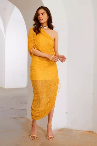 Gulbahar marigold one off shoulder jugnu sequin draw string dress