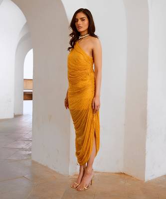 Gulbahar marigold one off shoulder jugnu sequin draw string dress 3