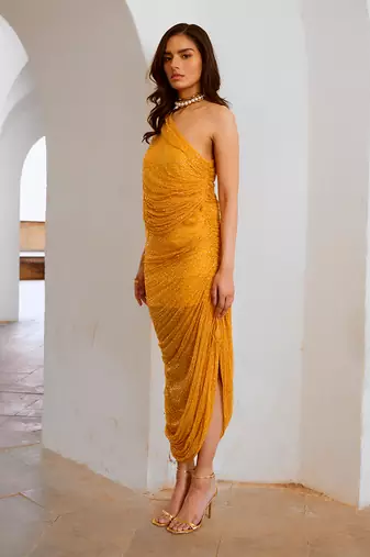 Gulbahar marigold one off shoulder jugnu sequin draw string dress