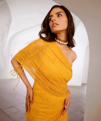Gulbahar marigold one off shoulder jugnu sequin draw string dress 4