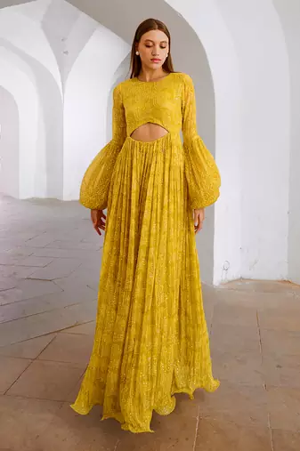Gulbahar lemon green peekaboo waist jugnu sequin maxi