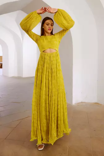 Gulbahar lemon green peekaboo waist jugnu sequin maxi