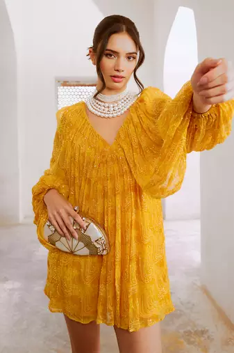 Gulbahar marigold yellow jugnu mini dress