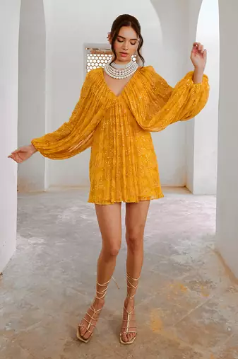Gulbahar marigold yellow jugnu mini dress