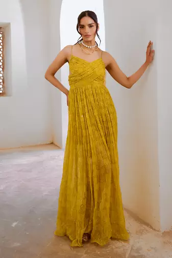 Gulbahar lemon green jugnu bandeau bodice maxi