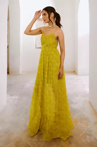 Gulbahar lemon green jugnu bandeau bodice maxi