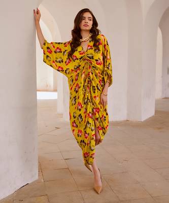 Gulbahar  drawstring poppy kaftan dress 2