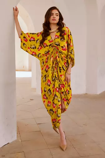 Gulbahar  drawstring poppy kaftan dress
