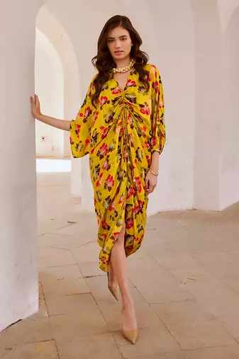 Gulbahar  drawstring poppy kaftan dress