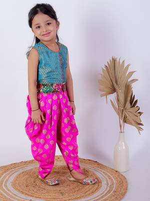 Twisha girls brocade top & foil printed dhoti pants - turquoise & pink 2