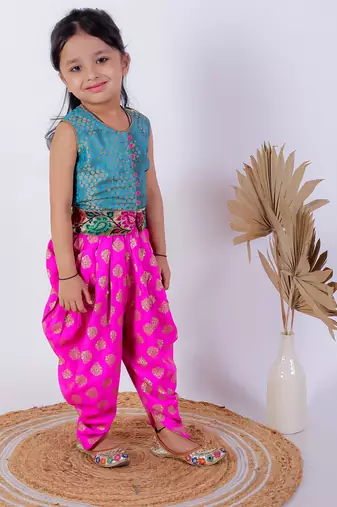 Twisha girls brocade top & foil printed dhoti pants - turquoise & pink