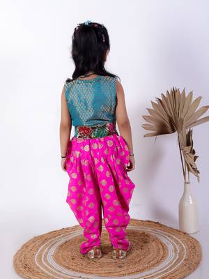 Twisha girls brocade top & foil printed dhoti pants - turquoise & pink 3