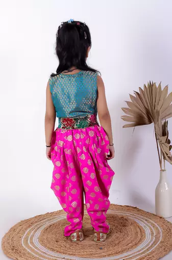 Twisha girls brocade top & foil printed dhoti pants - turquoise & pink