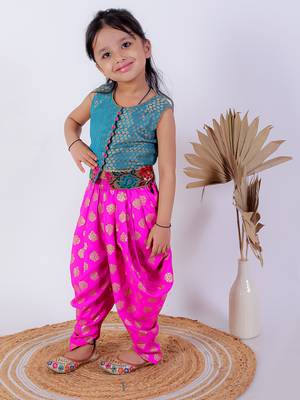 Twisha girls brocade top & foil printed dhoti pants - turquoise & pink 1